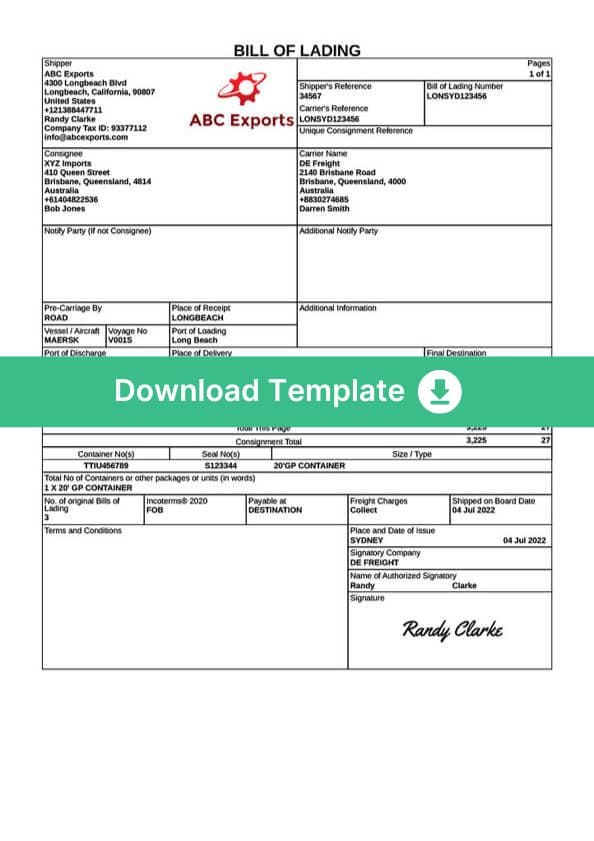 Bill of lading template